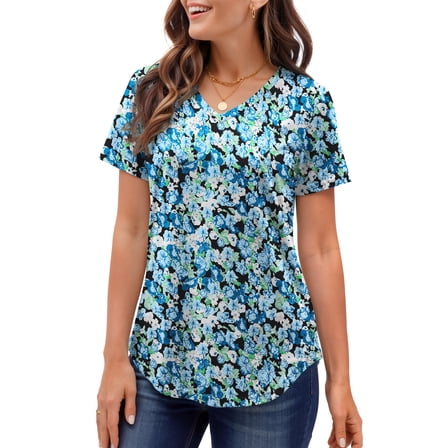 MOSHU Plus Size T-shirts for Women V Neck Summer Tunic Tops Floral Print Curved Hem Women Shirts
