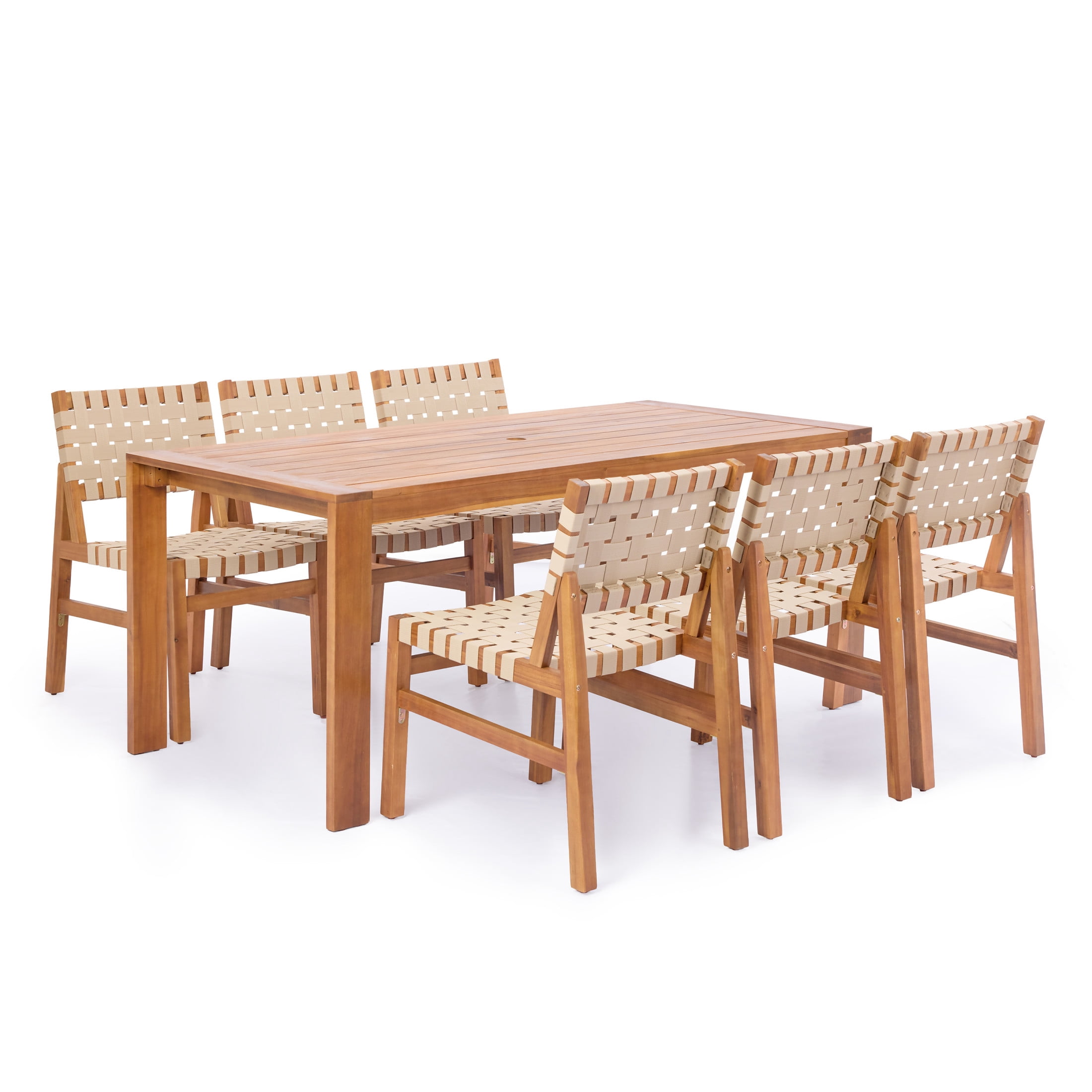 Christopher Knight Home 7-Piece Acacia Wood Patio Dining Set with Beige Rope Chairs and Slatted Table