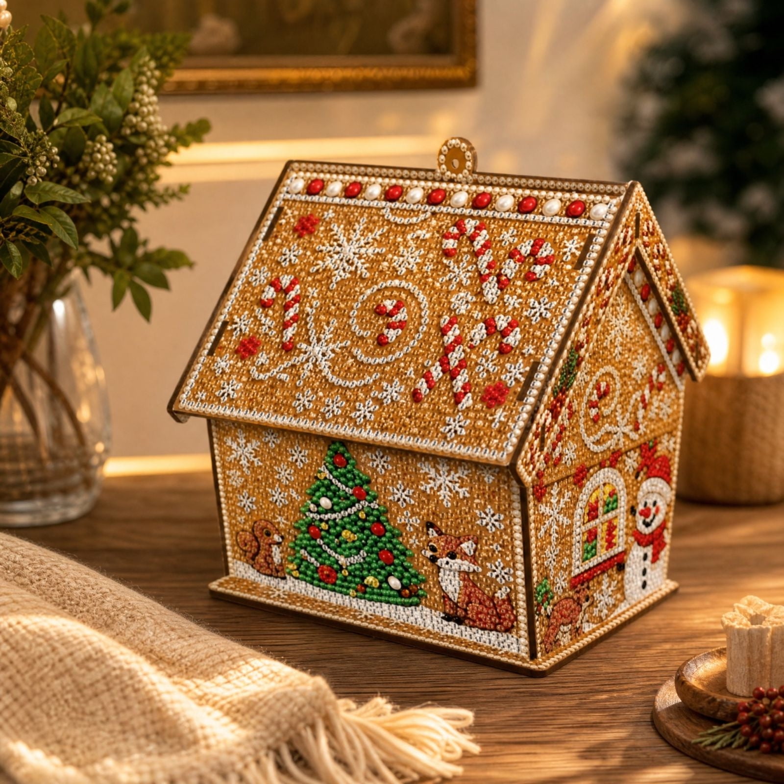3D Wooden Christmas House Diamond Art Kit for Adults Pearl Ornament Gingerbread and Snowman Design DIY Diamond Painting Craft for Tabletop Christmas Decor