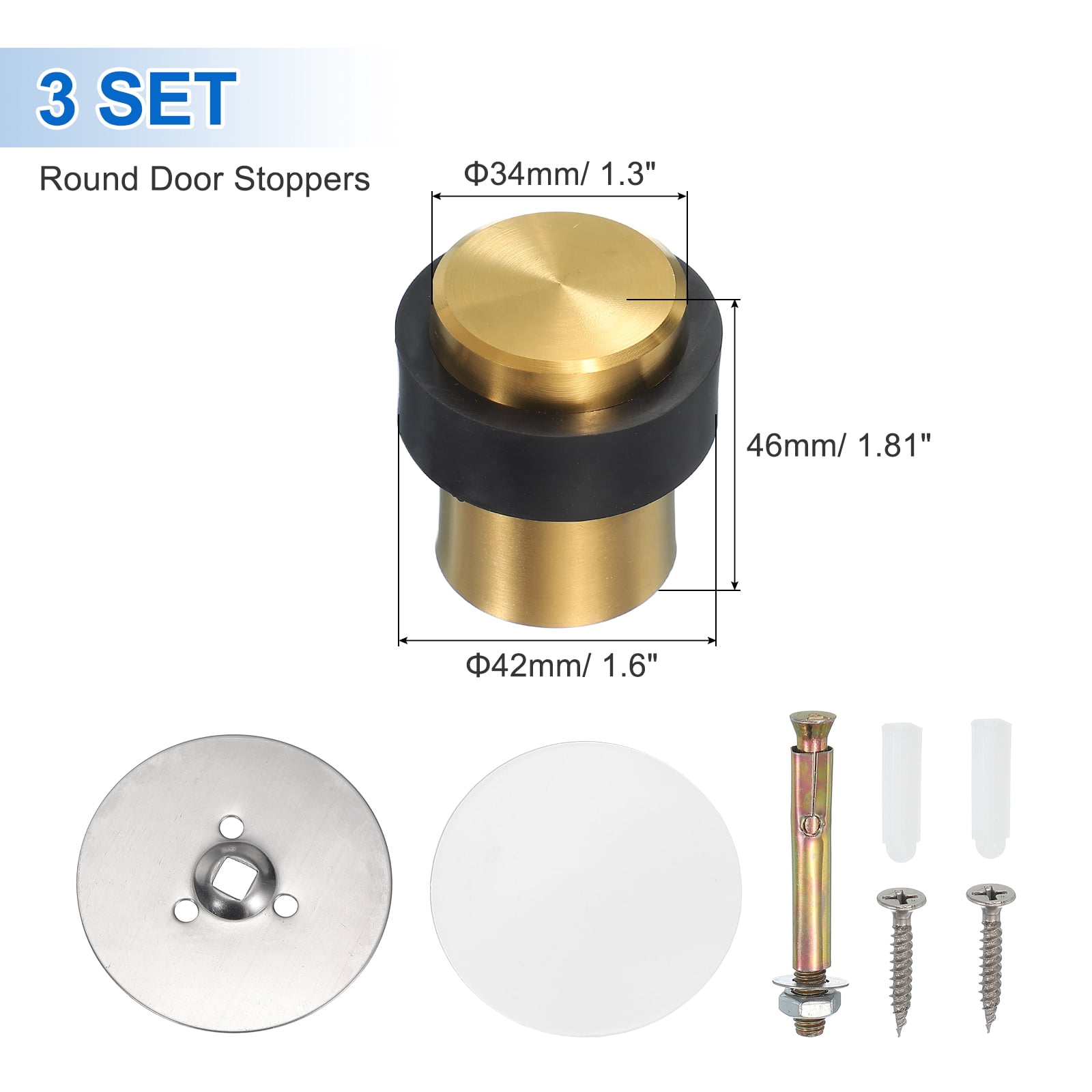 3Set Round Door Stoppers, 46mm Stainless Steel Door Stop Doorstop Wedge Metal Cylinder Self Adhesive with Screw for Bottom of Door Floor Inside, Gold Tone