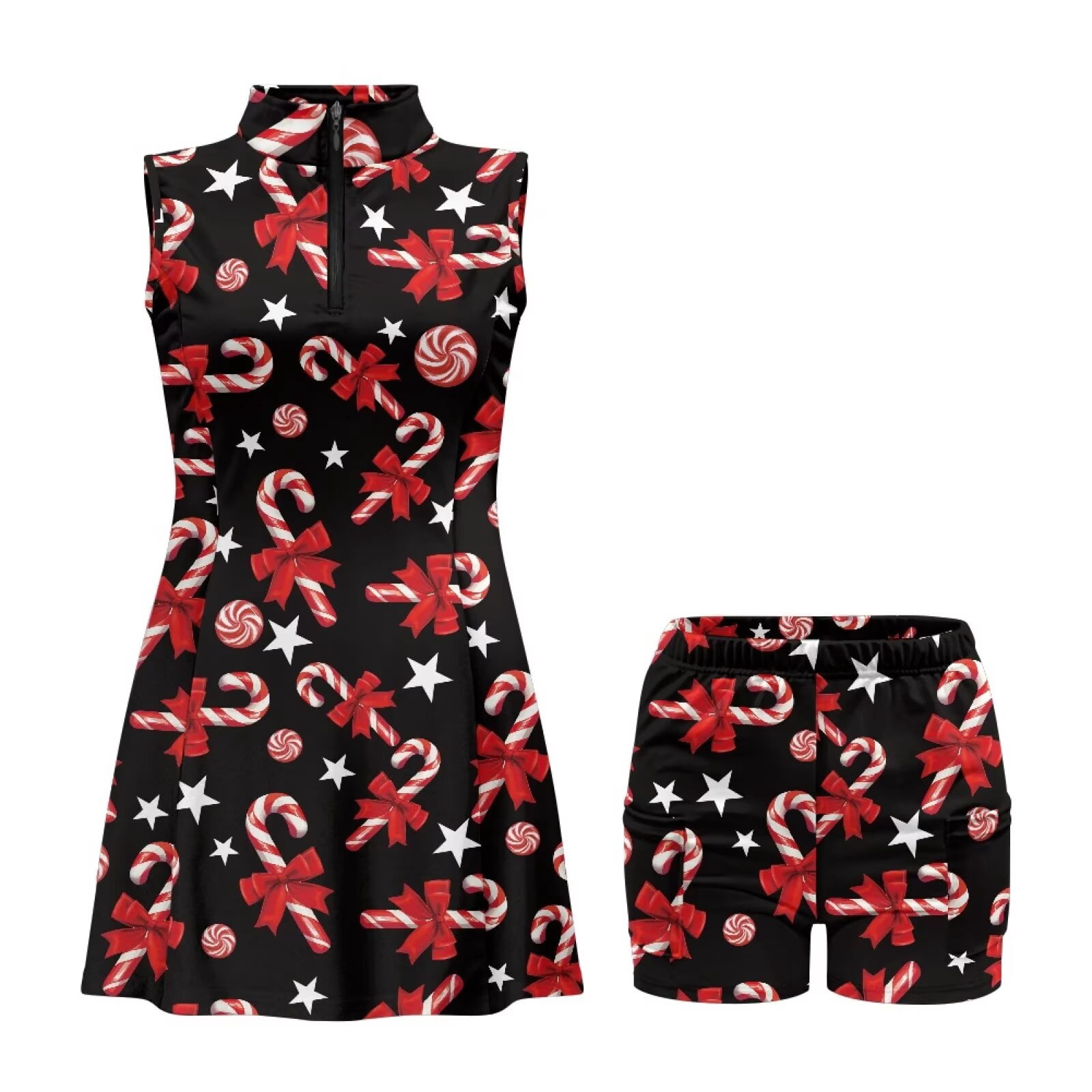 Yuyamidu Candy Canes Womens Tennis Dress Built in Shorts with Pockets 2 Piece Sets Red Bow Athletic Golf Tank Dresses Christmas Active Workout Dress Size XS