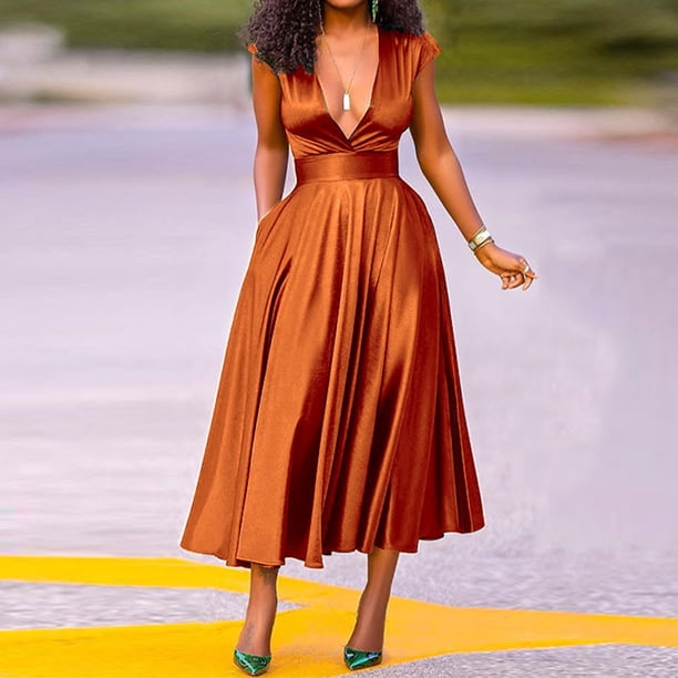 Vestido De Fiesta Vestido de fiesta elegante para mujer, manga de prenda, cuello en V, línea A, uso diario (marrón L) Kuymtek para Mujer Marrón T S