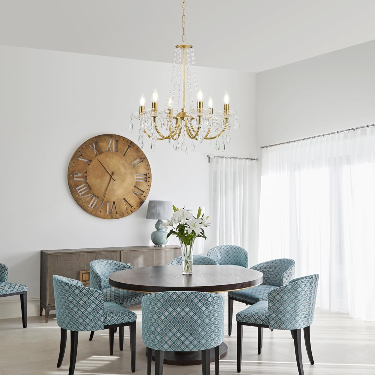 Plug in Crystal Chandelier for Living Room,Golden Hanging Pendant Light with Clear 14.76 ft Cord and On/Off, 6 Light Crystal Chandelier for Wedding, Kitchen, Dining,Foyer