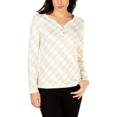 Karen Scott Womens Plaid Metallic Pullover Top White XL