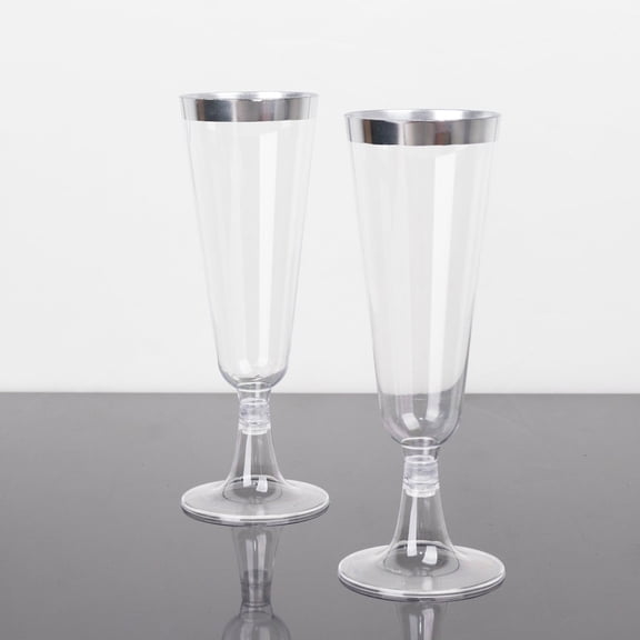 Balsa Circle 12 Clear 6 oz Disposable Flutes Glittered Plastic Champagne Glasses Silver Trim Party Decorations