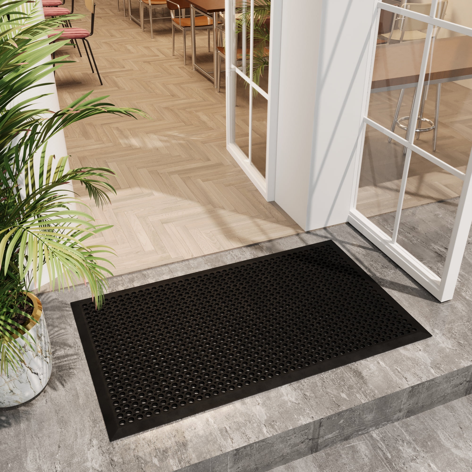 Ottomanson Indoor/Outdoor Rubber Mat 3x5 Non-Slip Door Mat for Restaurant Bar Bathroom, Black, 35" x 60"