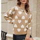 thumbnail image 2 of Lindo suéter de punto de corazón de manga larga con cuello redondo y estampado de corazón dulce suéter para mujer Caqui XL, 2 of 6