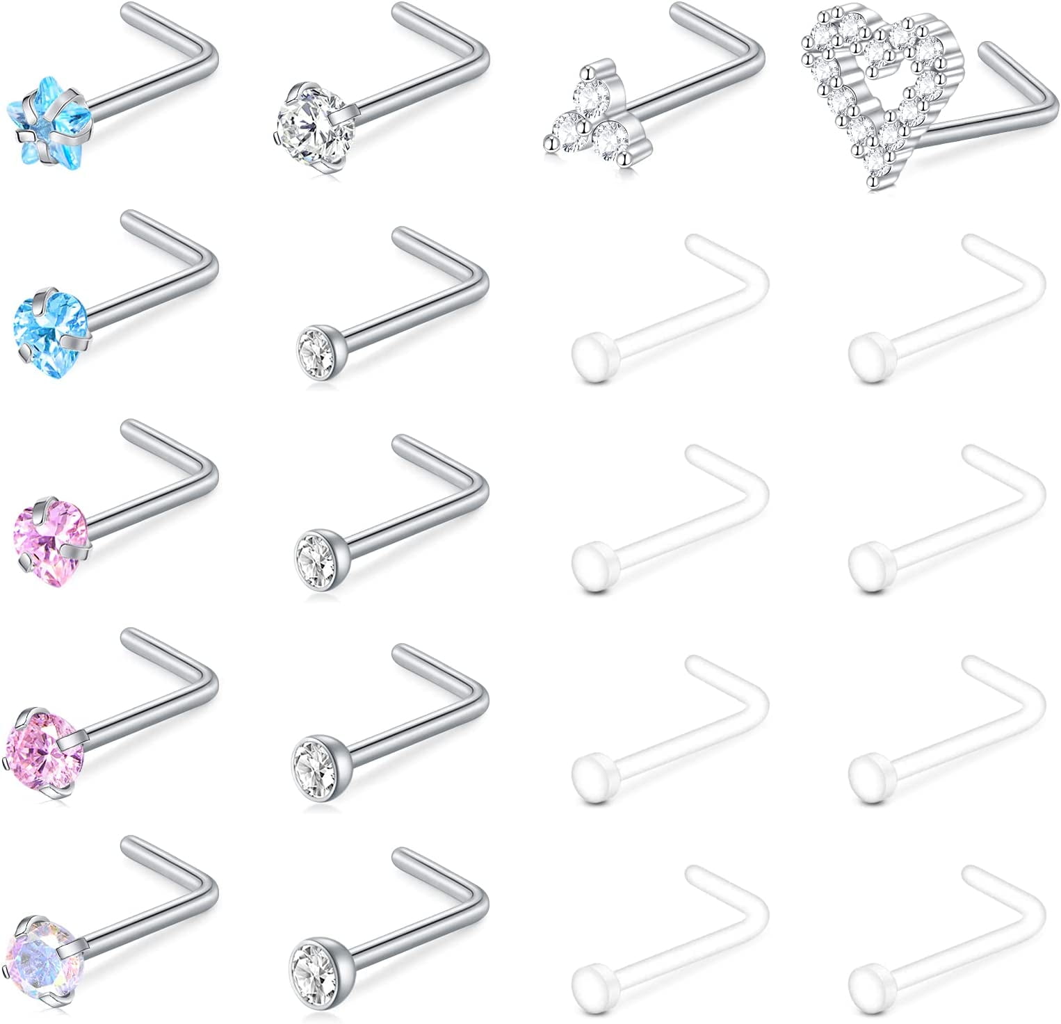 Nose Studs 18G L Shaped Nose Rings Stainless Steel Artificial Opal CZ