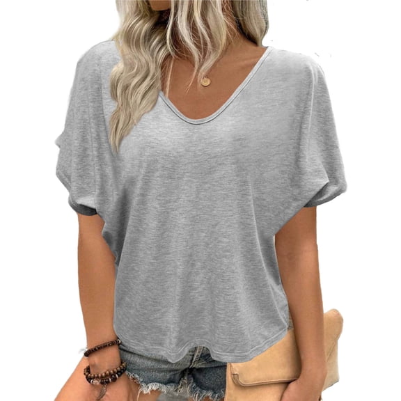 Bosfbaoi Women's V-Neck Short Sleeve Tops Plus Size Loose Casual T-Shirt Solid Color Cotton-like Spandex Basic Tops