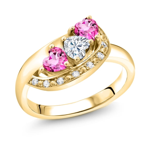 Gem Stone King 18K Yellow Gold Plated Silver White Moissanite and Pink Mystic Topaz and White Created Sapphire Engagement Ring for Women (0.94 Cttw, Gemstone , Heart Shape 4MM, Size 9)