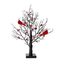 Vintage Glowing Tree with Cardinals (21 In), Equipped with 6 Birds and 54 Red Fruits, 2025 New Led Glowing Tree with Cardinals, Removable Base, Suitable for Christmas, Halloween Decorations (1Pc)