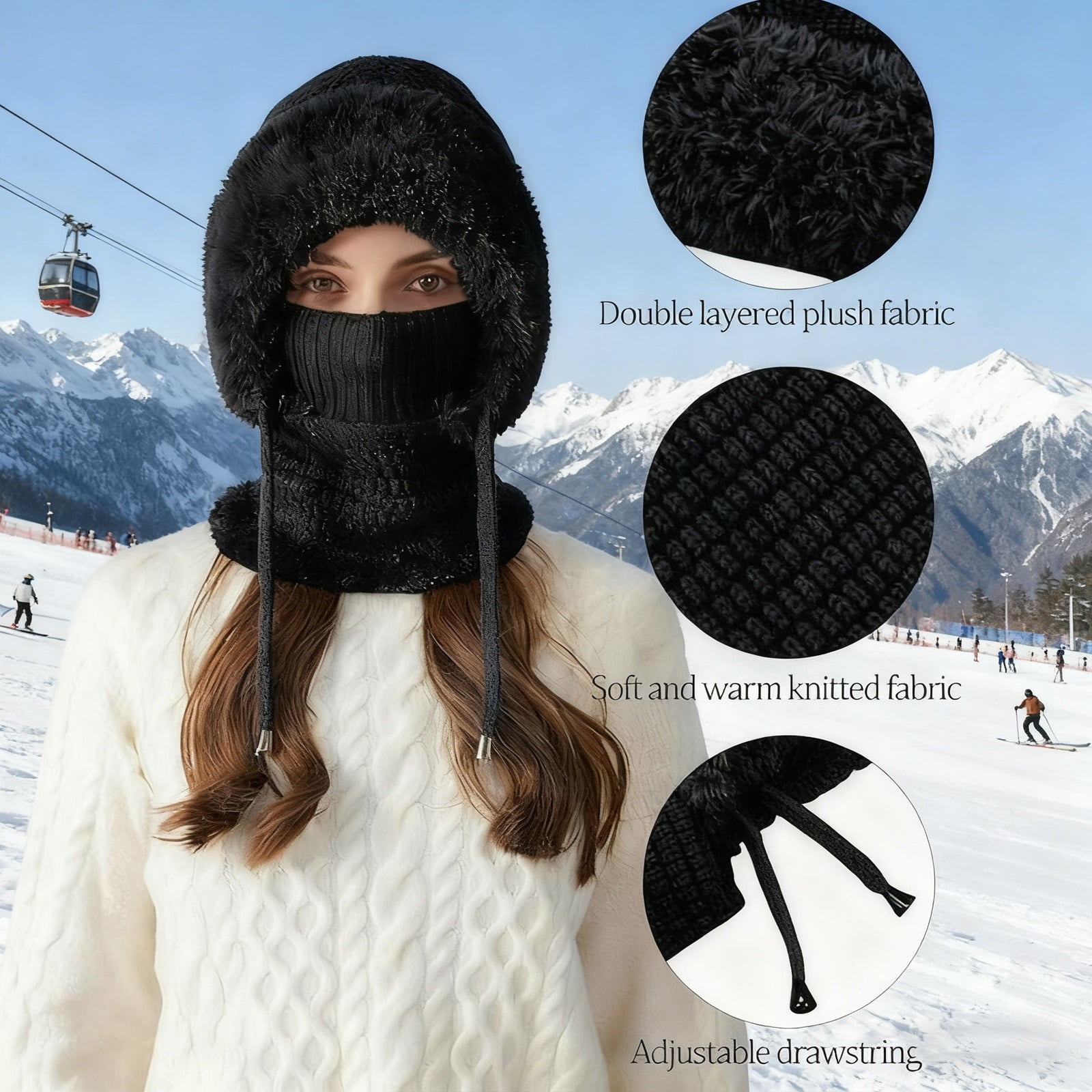 3 In 1 Beanie Hat for Women, Windproof Cold-Proof Balaclava Hat with Scarf and Mask for Snow Caps Ski