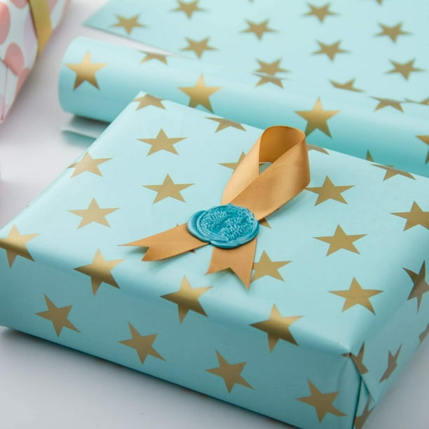 FFIY Wrapping Paper Roll Mint Color with Gold Print Star Design for Birthday Wedding Valentine s Day Baby Shower 30 inch x 33 feet Star Mint