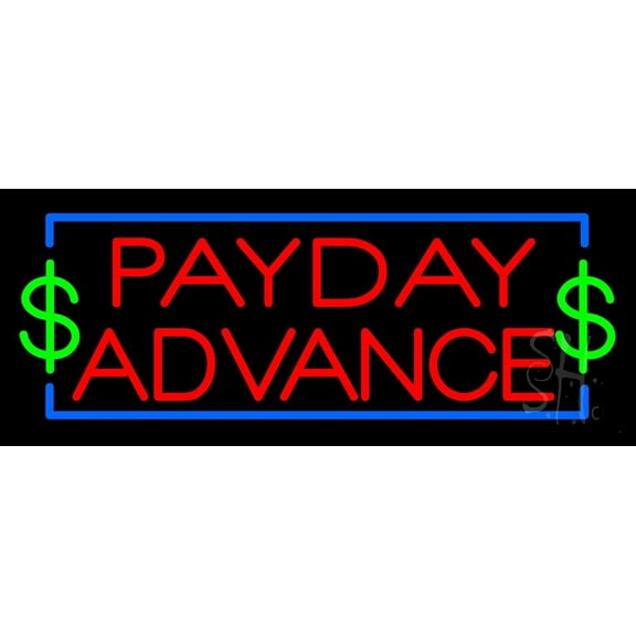 Red Payday Advance LED Neon Sign 13 x 32 - inches, Black Square Cut Acrylic Backing, with Dimmer - Bright and Premium built indoor LED Neon Sign for Pawn store interior decor, and stroefront.