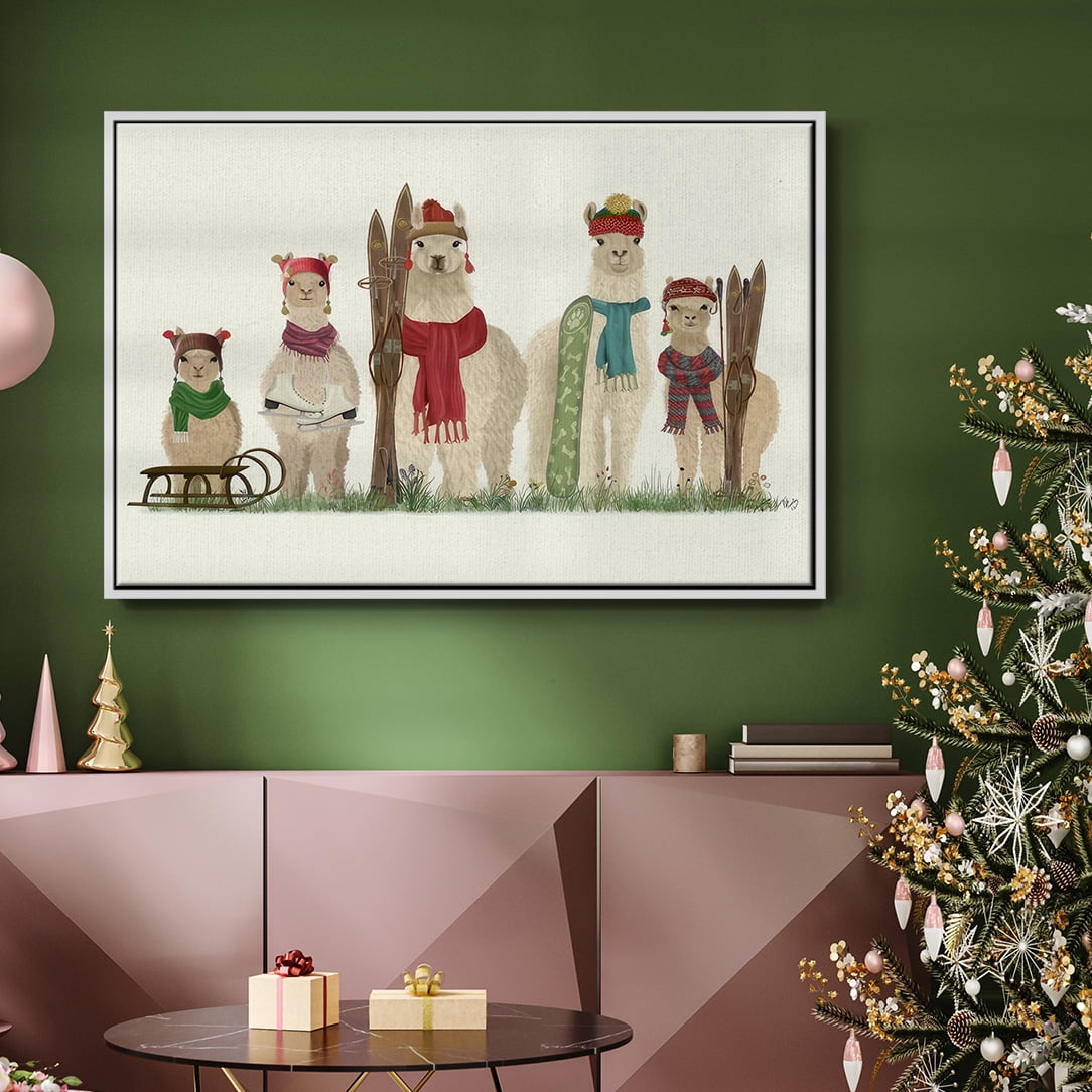 Llama Family Winter Sports - Framed Gallery Wrapped Holiday Canvas - 17 x 25 - White Frame
