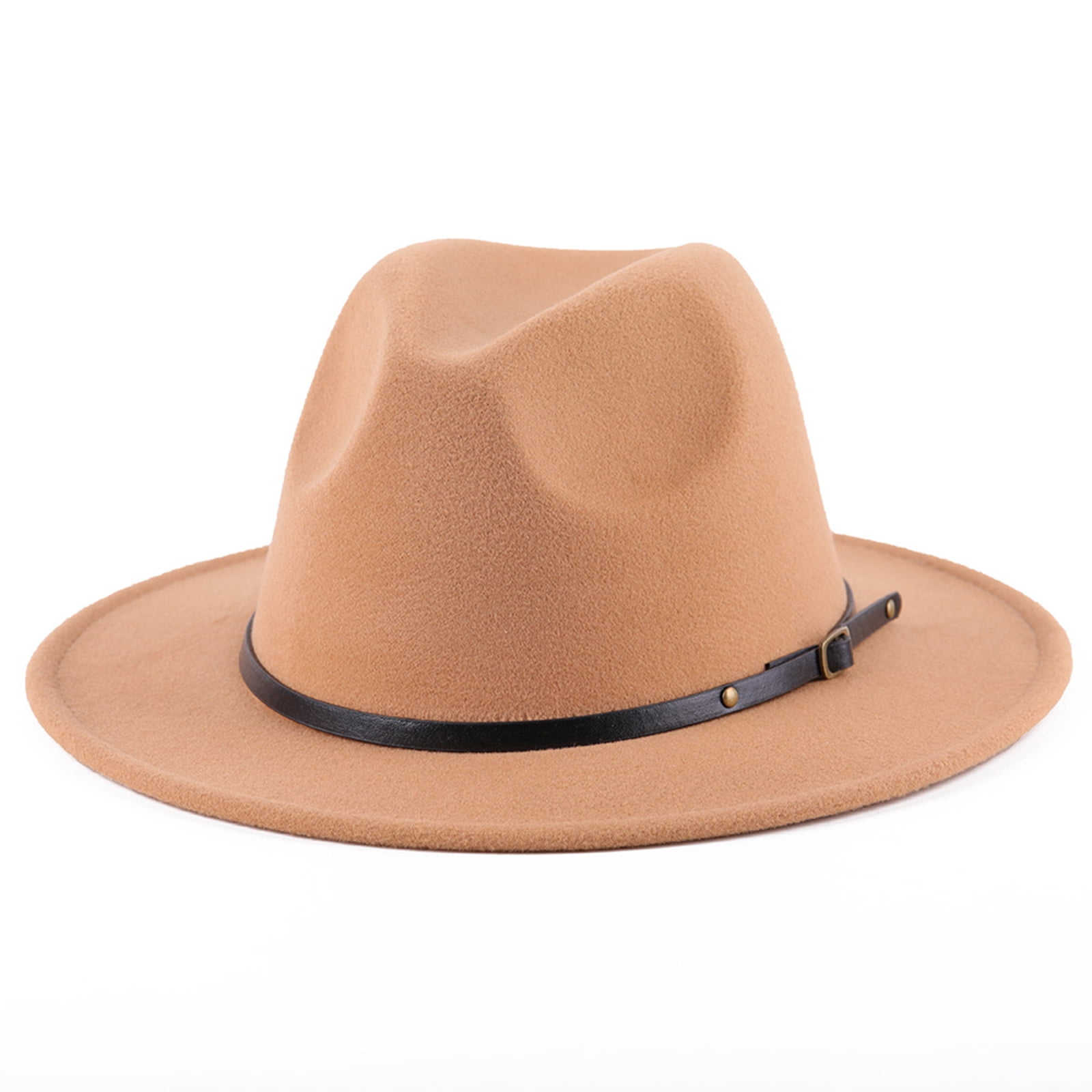 Unisex Wide Brim Fedora Hat Belt Buckle Wool Trilby Hat Classic Jazz Cap