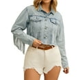 thumbnail image 2 of INSPIRE CHIC Women's Jacket Cropped Jean Fringe Long Sleeve Frayed Hem Tassel Trim Denim Jacket S Light Blue, 2 of 6