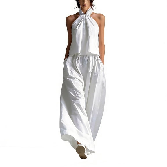 Guluxicc 2 Piece Womens Outfit Sets Halter Neck Sleeveless Twist Knot Top High Waist Wide Leg Pants with Pockets Outfits for Casual Wear