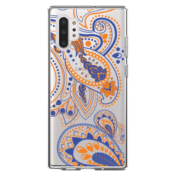 DistinctInk Clear Shockproof Hybrid Case for Galaxy Note 10 PLUS (6.8" Screen) - TPU Bumper, Acrylic Back, Tempered Glass Screen Protector - Orange and Blue Paisley