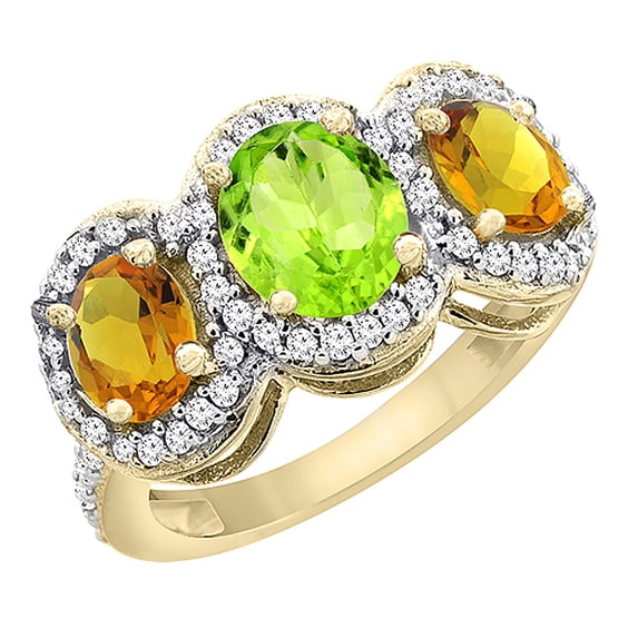 10K Yellow Gold Natural Peridot & Citrine 3-Stone Ring Oval Diamond Accent, size 10