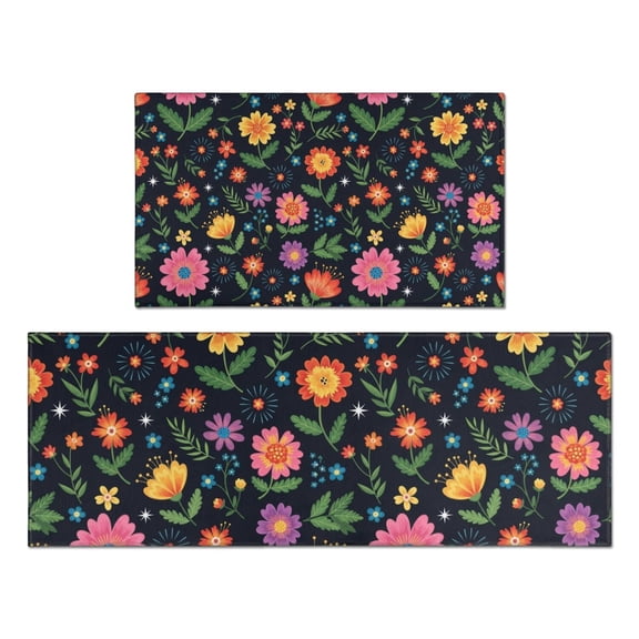 Pioneer Flower Floral Print Pattern Kitchen Rugs Sets Of 2, Anti Fatigue Non Slip Washable Floor Mats for Kitchen Sink Laundry, 17X30 Inch 17X47 Inch