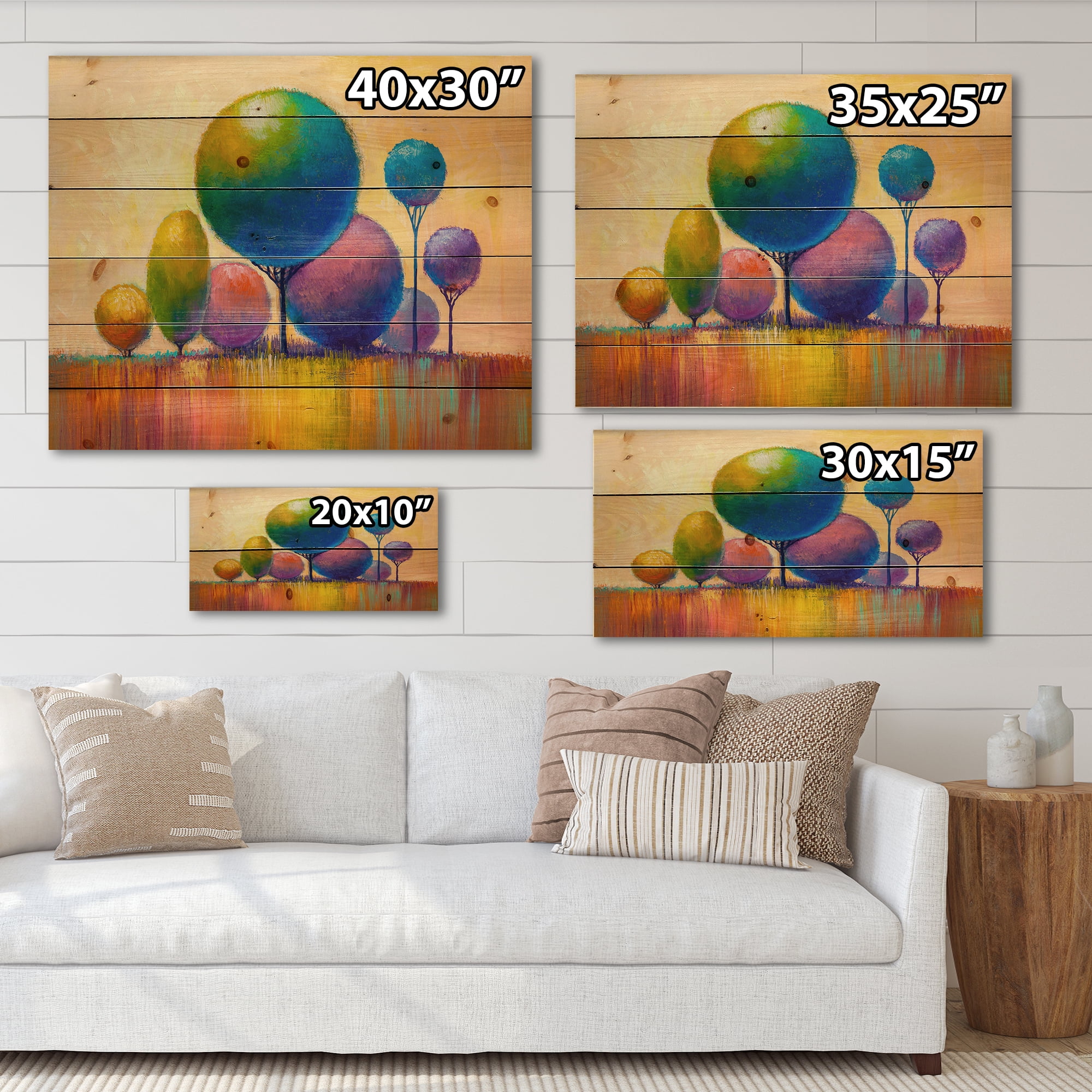 Designart 'Ornamental Colourful Trees VIII' Modern Print on Natural Pine Wood