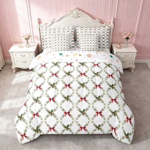 Erosebridal Mauve Satin Bow Ribbon Twin Bedding for Girls, Romantic Floral Print Bedding Comforter Set, Xmas Reversible 7pcs