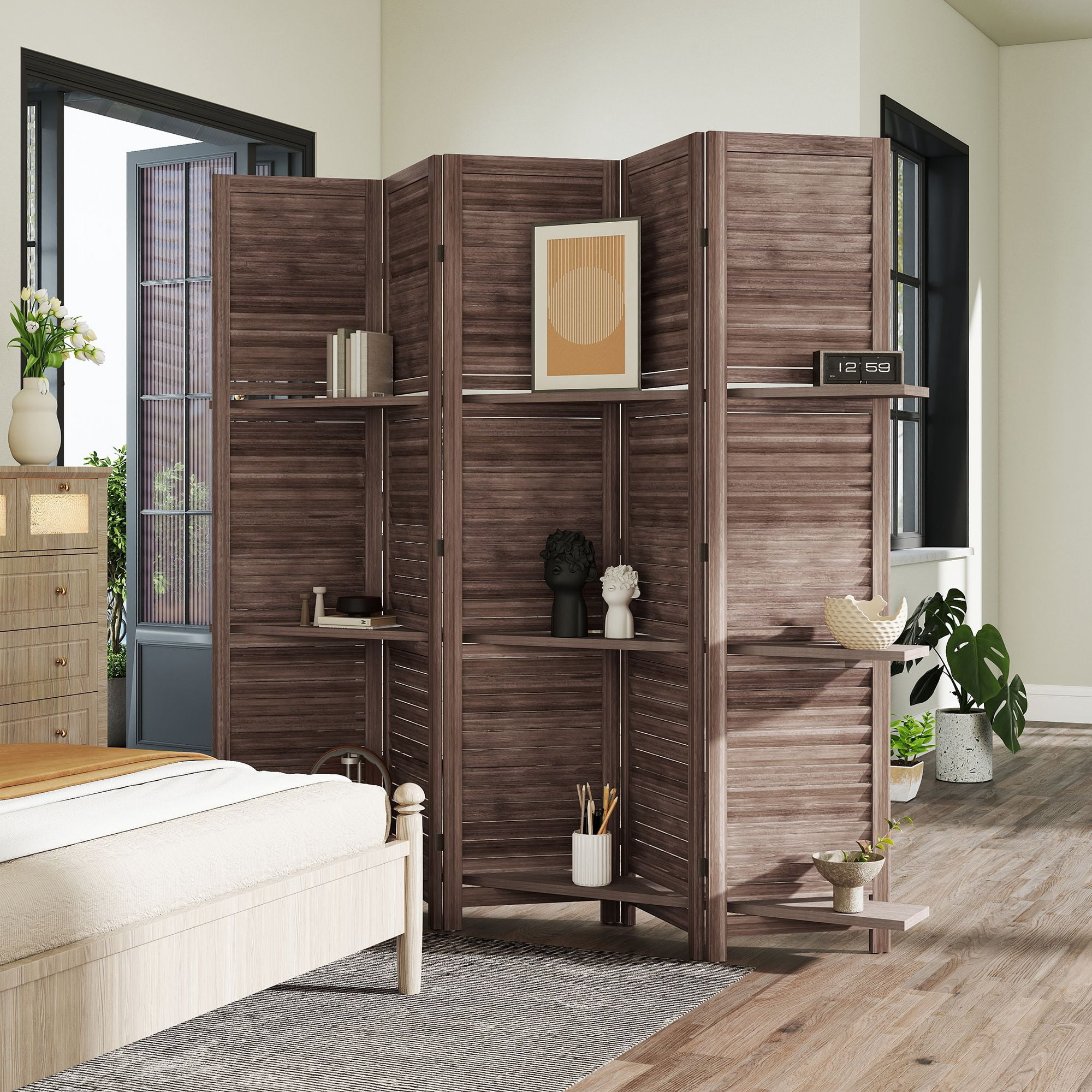 Alvantor 5 Panel Room Divider 67" Wood Privacy Screen with Storage Shelves for Porch Living Room Dorm Walnut
