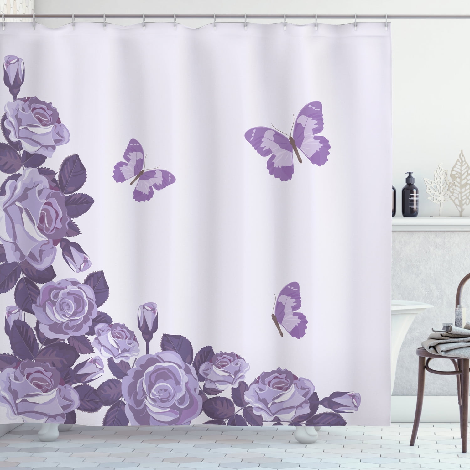 Lilac Shower Curtain, Bridal Composition with Rose Buds Blossoms Flying