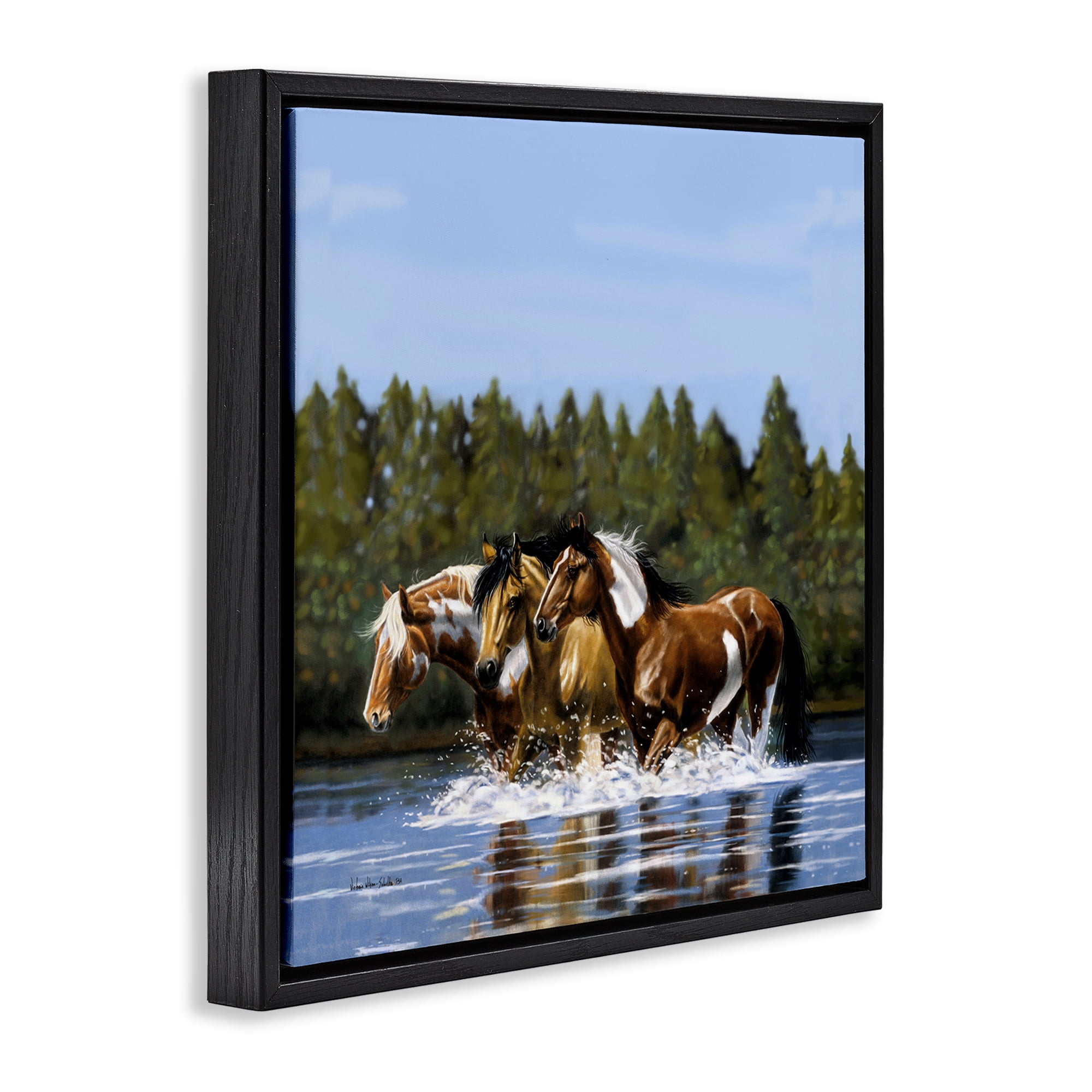 Stupell Industries Horses Upstream Splashing Animals & Insects Painting Black Floater Framed Canvas Art Print Wall Art, 25 x 25