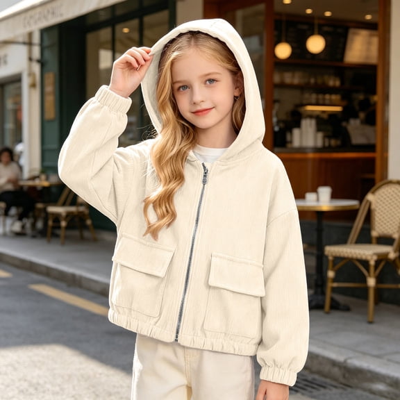 Cozy Solid Color Kids Long Sleeve Zipper Hooded Jacket Windproof Warm Coat With Pockets
