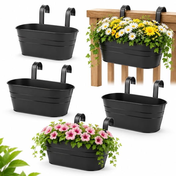 4 Pcs Hanging Flower Pots, Wall & Railing Planters with Detachable Hooks, Indoor Outdoor Decor for Fence Balcony Garden