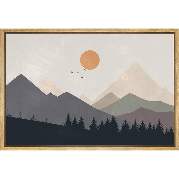 PixonSign Framed Canvas Print Wall Art Pastel Watercolor Mountain Ranges Nature Wilderness Illustrations Modern Art Decorative Boho Minimal Relax/Zen - 16"x24" Natural
