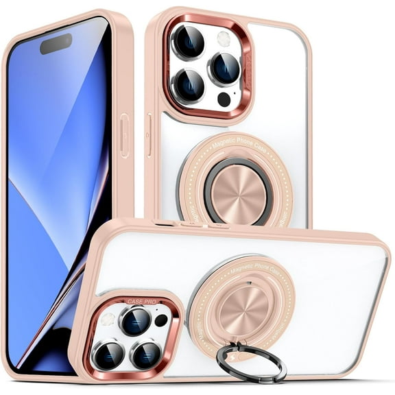 Case for iPhone 16 Pro Max,TPU PC [Built-in Rotatable Magnetic Kickstand] Clear Back Design Heavy Duty Drop Protection Shockproof Phone Case for iPhone 16 Pro Max,6.9 Inch 2024 (Pink)