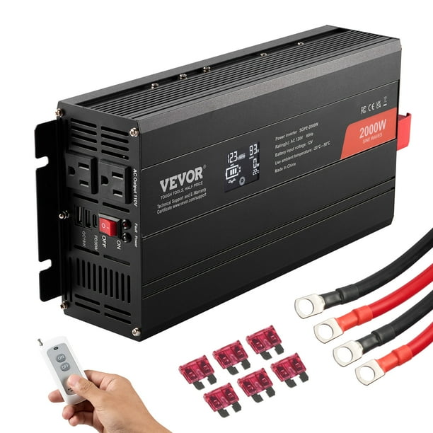 VEVOR Inversor de onda sinusoidal pura, 2000 vatios, inversor de corriente CC 12 V a CA 120 V con 2 salidas CA 2 puertos USB 1 puerto tipo C, pantalla LCD y control remoto para equipos domesticos
