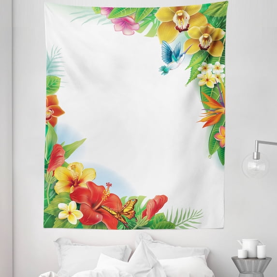 Hummingbirds Tapestry, Tropical Flowers and Leaves Natural Foliage Vibrant Color Exotic Rainforest, Fabric Wall Hanging Decor for Bedroom Living Room Dorm, 5 Sizes, Multicolor, by Ambesonne
