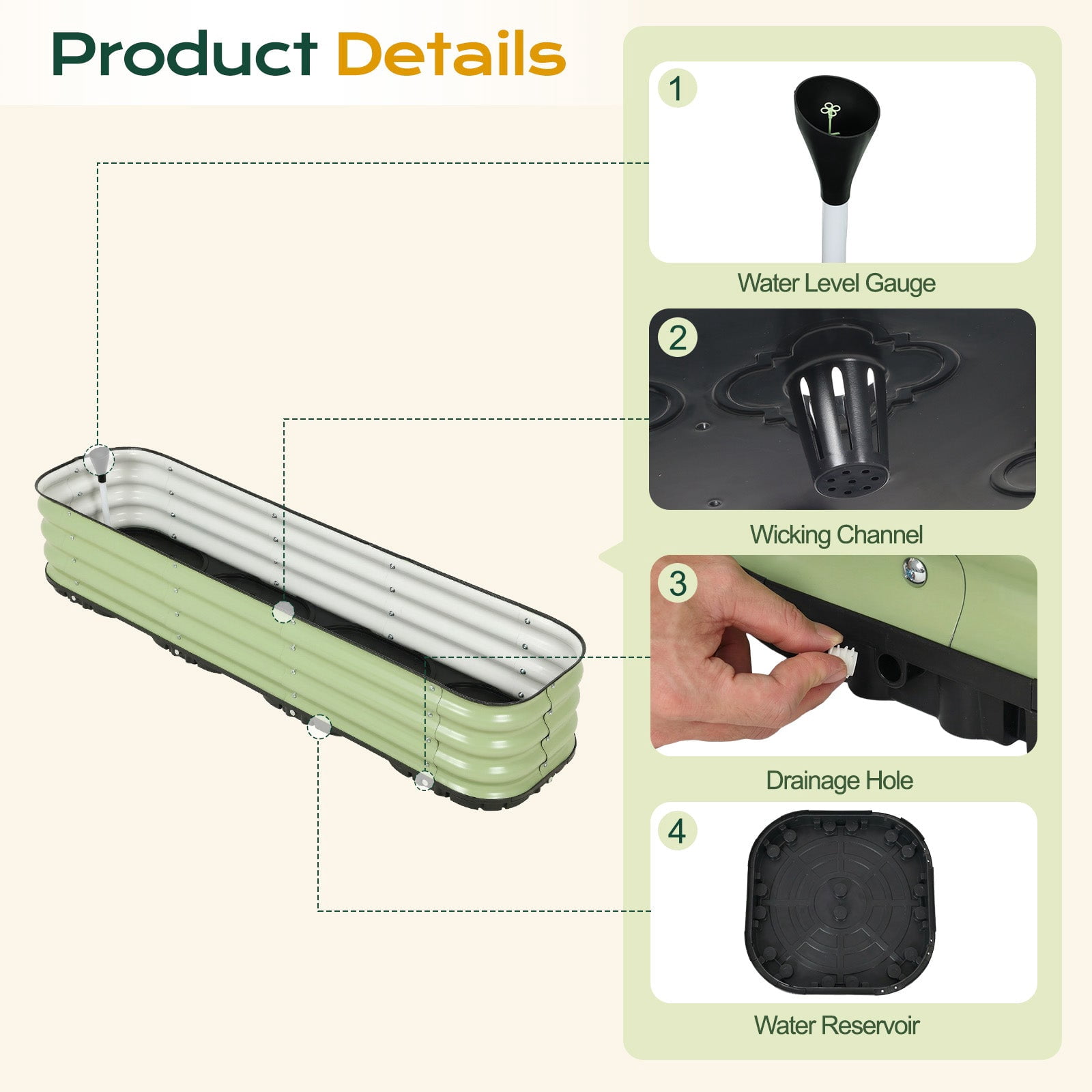 Aoodor 63'' Galvanized Self-Watering Raised Garden Bed with Drainage-Green