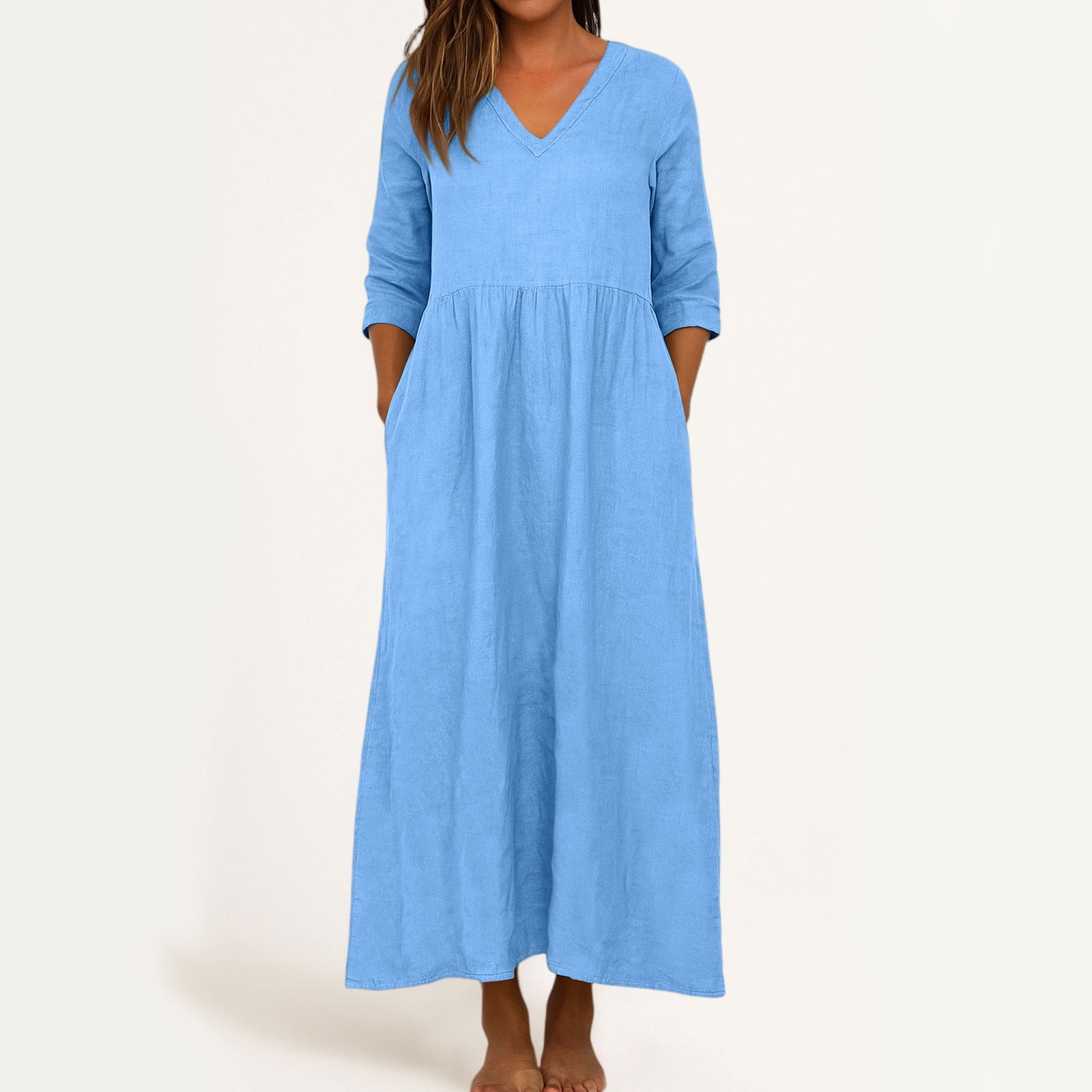 JGGSPWM Linen Dress Women V Neck Long 3/4 Sleeve Tunic Boho Maxi Dress Casual Spring and Autumn Plain Flowy Beach Vacation Dresses Blue S