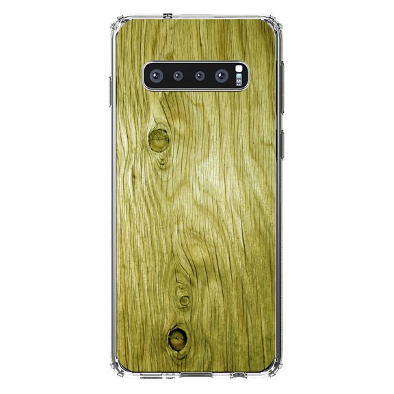 DistinctInk Clear Shockproof Hybrid Case for Samsung Galaxy S10  PLUS(6.4" Screen) - TPU Bumper, Acrylic Back, Tempered Glass Screen Protector - Yellow Weathered Wood Grain Print - Printed Wood