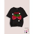 thumbnail image 1 of Girls' Summer Strawberry Print T-Shirt - Cute Off-Shoulder Round Neck Short Sleeve Tee, Breathable Polyester Blend, Machine Washable, Beige with Red Bow & Flower Design, Breathable Youngsters's Cloth, 1 of 5