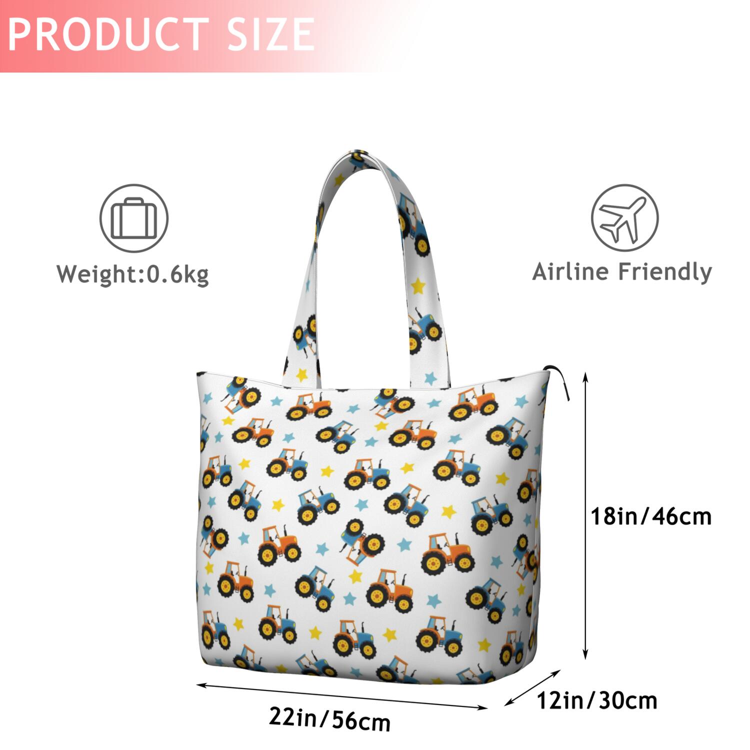 Cartoon Tractors Stars White Pattern Travel Tote Bags for Women Carry On,Large Weekender Bags for Women Travel,Multi Functional Duffle Bag for Work,Shopping,Sports