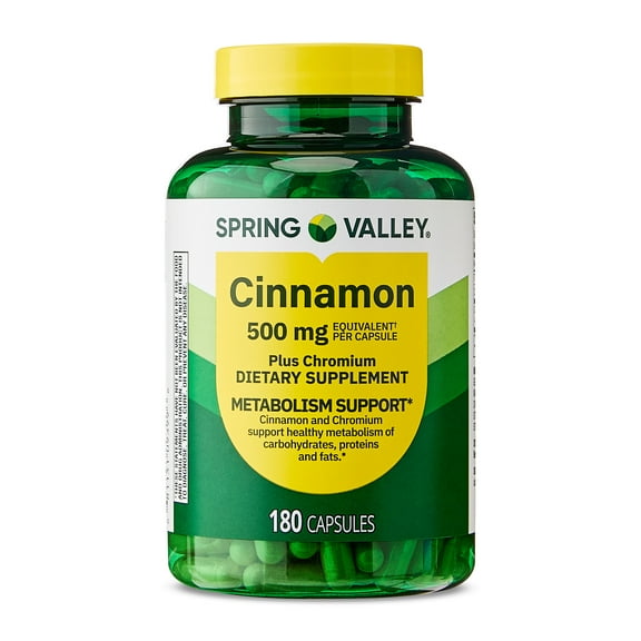 Spring Valley Cinnamon Plus Chromium Metabolism Support Dietary Supplement Capsules, 500 mg, 180 Count