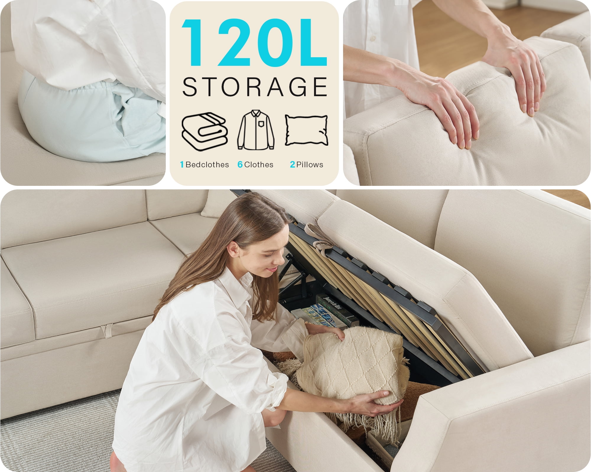 VanAcc 85" Sleeper Sofa Bed, Reversible L-Shape Sectional with Storage