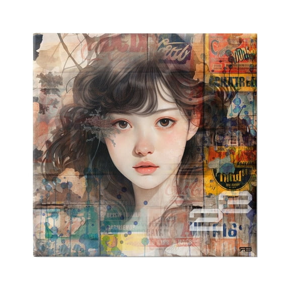 Stupell Industries Girl on Vintage Collage Abstract Painting Gallery Wrapped Canvas Art Print Wall Art, 17 x 17