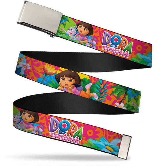 Adjustable Belt, Clamp Buckle, Cut-to-Fit, Dora the Explorer Dora Poses Floral Collage Orange Pink