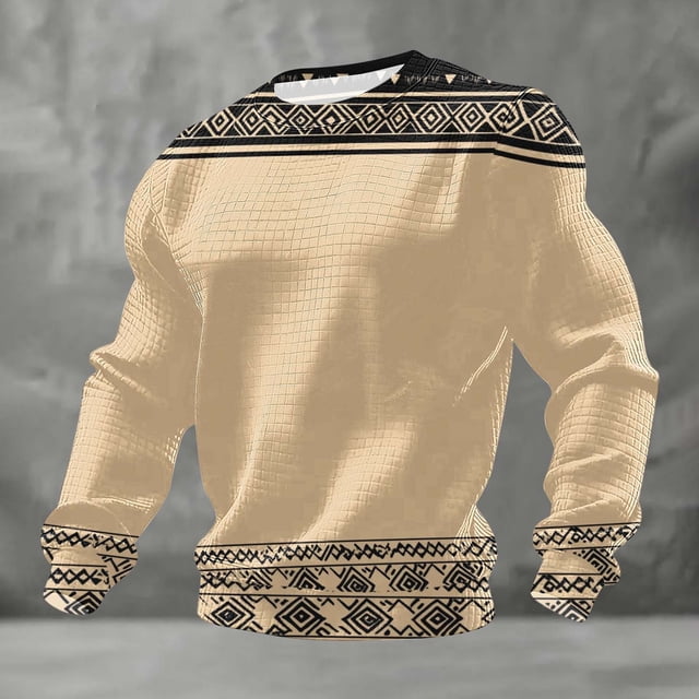 Ceisia Men's All-Season Casual Regular Fit Crew Neck Sweatshirt Beige Ethnic Geometric Trim Waffle Knit Stretch Fabric Multicolor XXXXXL Gifts