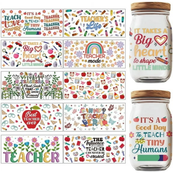 10 Sheets Teacher Appreciation UV DTF Cup Wraps Best Teacher Ever UV Rub Transfer Stickers Thank You Teacher Gift Transfer Stickers for DIY 16 Oz Glass Cups Milk Tea Cups Mugs Decor