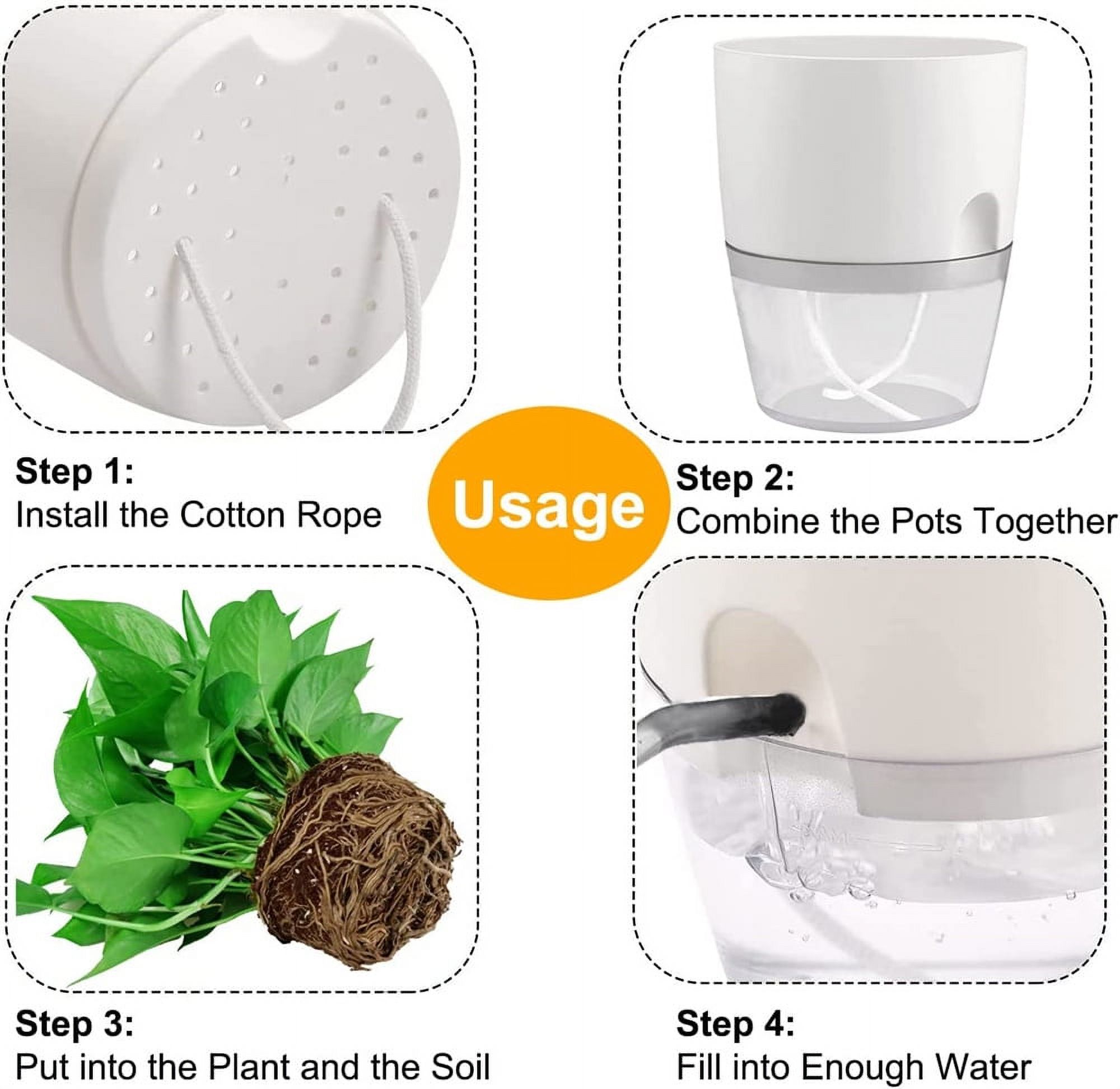 NOGIS 6 Inch Self Watering Flower Pots - Set of 3 Plants Wicking Pots, Violet Pots with Wick Cotton Rope, Plastic Planter Pot with Large Water Storage for Indoor Plants, Flowers, Herbs (White)