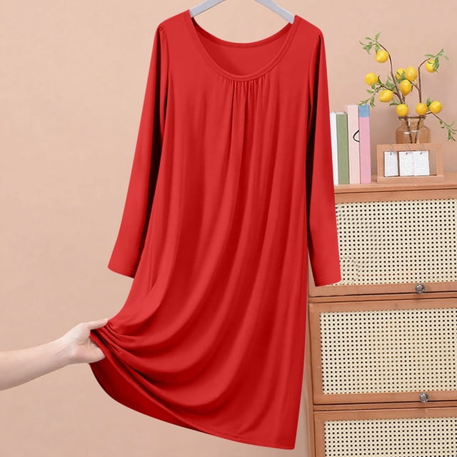 Sakmal Comfy Moomoo Chemises de Nuit Longues pour Femmes Grande Taille Rouges à Manches Longues Unies pour Femmes