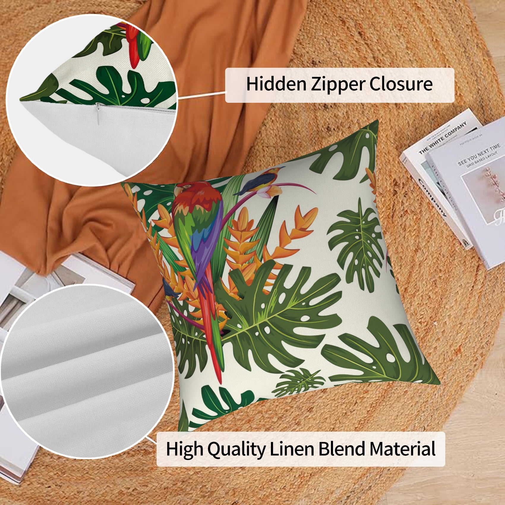 PBOBRIICH Tropical Leaves Throw Pillow Covers Clearance Set of 4,Summer Linen Pillowcase for Living Room Bedroom Home Decor,18x18 Inch